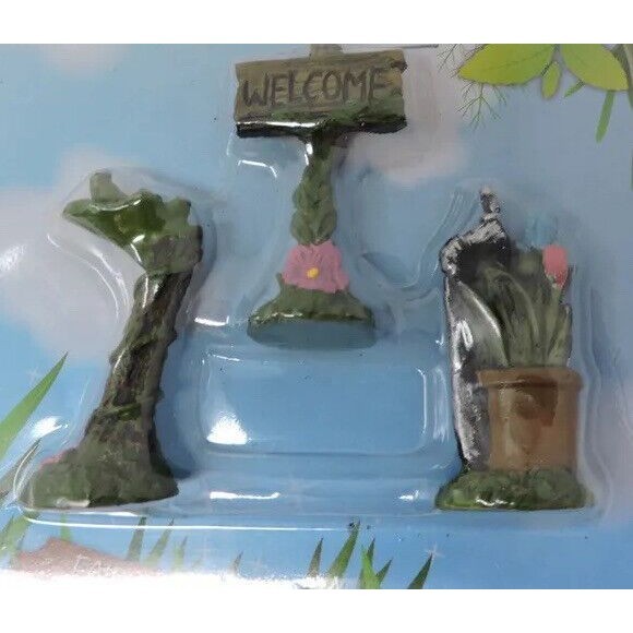 Fairy Garden Sweets 2" Figurines 3pc pack Welcome Sign Stump/Frog Faucet/Flowers - Picture 4 of 5